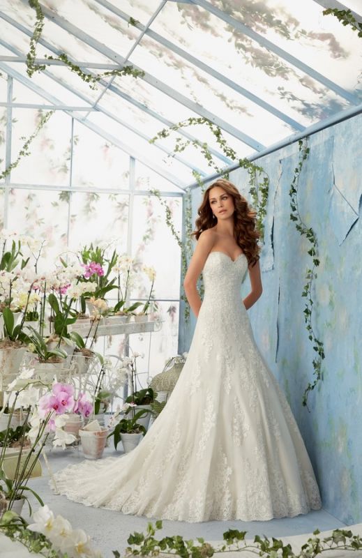 Jolie robe de mariée en dentelle et jupe en tulle de forme princesse 